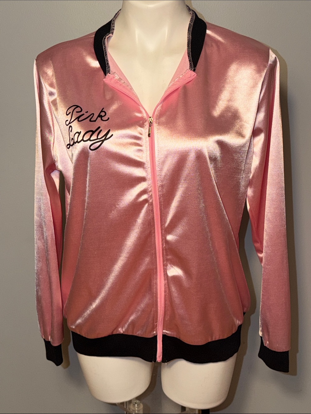 Pink Lady satin-like zipper jacket. Large. Halloween costume. Grease inspired